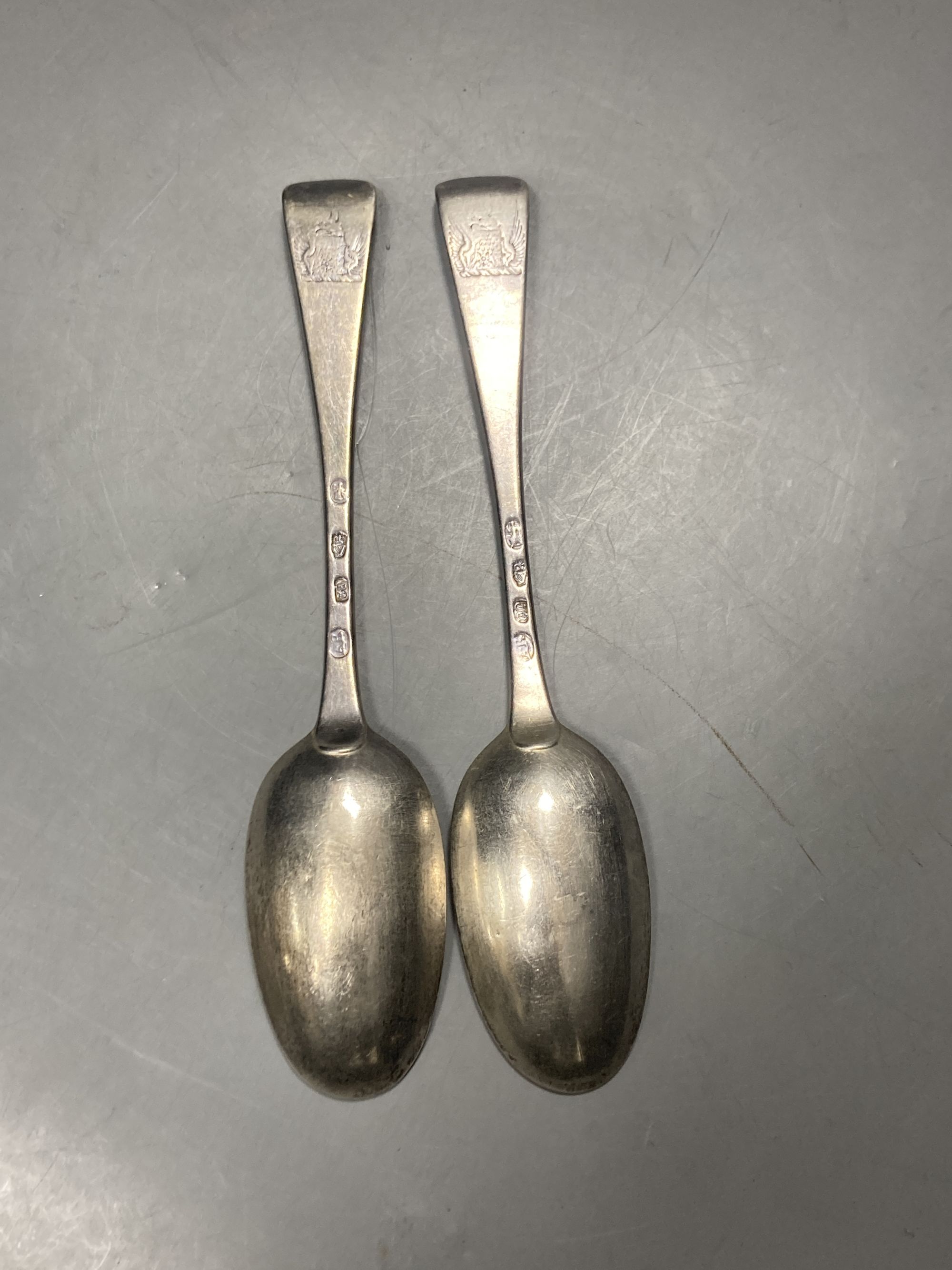 A pair of George II Irish silver Hanovarian pattern table spoons by Alexander Richards?, Dublin, 1739/40, 21cm, 140 grams.